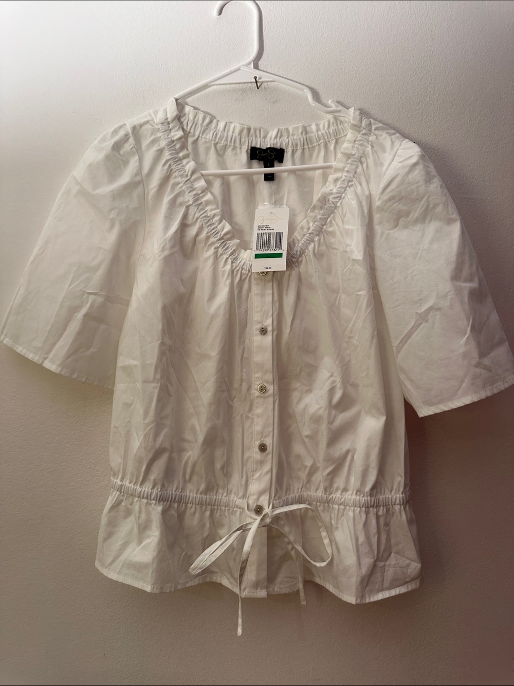 Jessica Simpson White Ruffle V-Neck Button-Front Drawstring Top